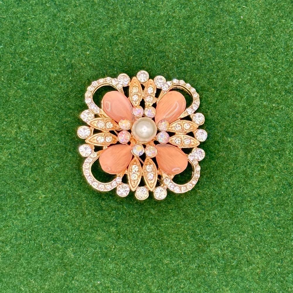 Gold Tone Rhinestone Flower Brooch Faux Light Orange Lucite Pin 1.5"